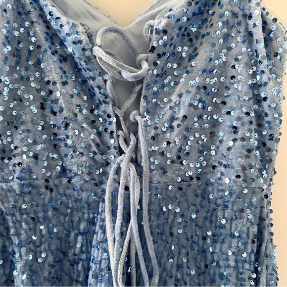 Miss Veil Pastel Blue Sequin Formal Maxi Dress Size Medium Sweetheart Leg Slit - Picture 14 of 16